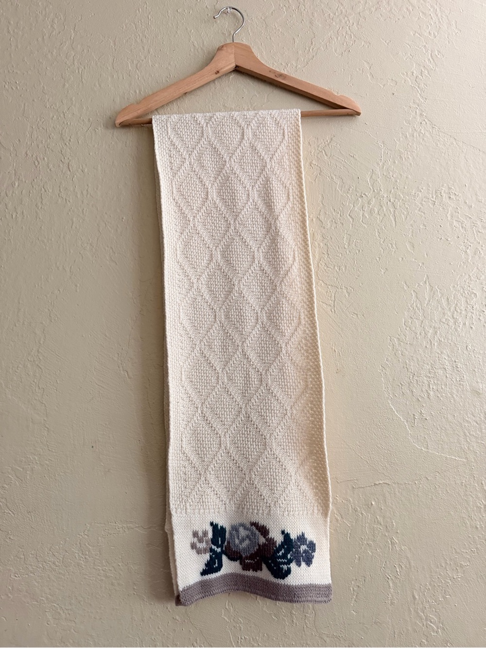 Vintage Cream Knit Scarf with Floral Accent
